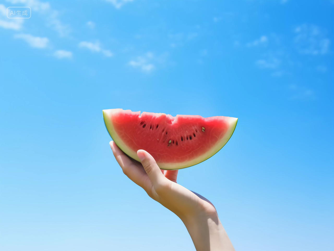 二十四节气夏至24节气西瓜水果一只手举着西瓜蓝天天空夏天水果蓝色天空背景自然风景壁纸清新