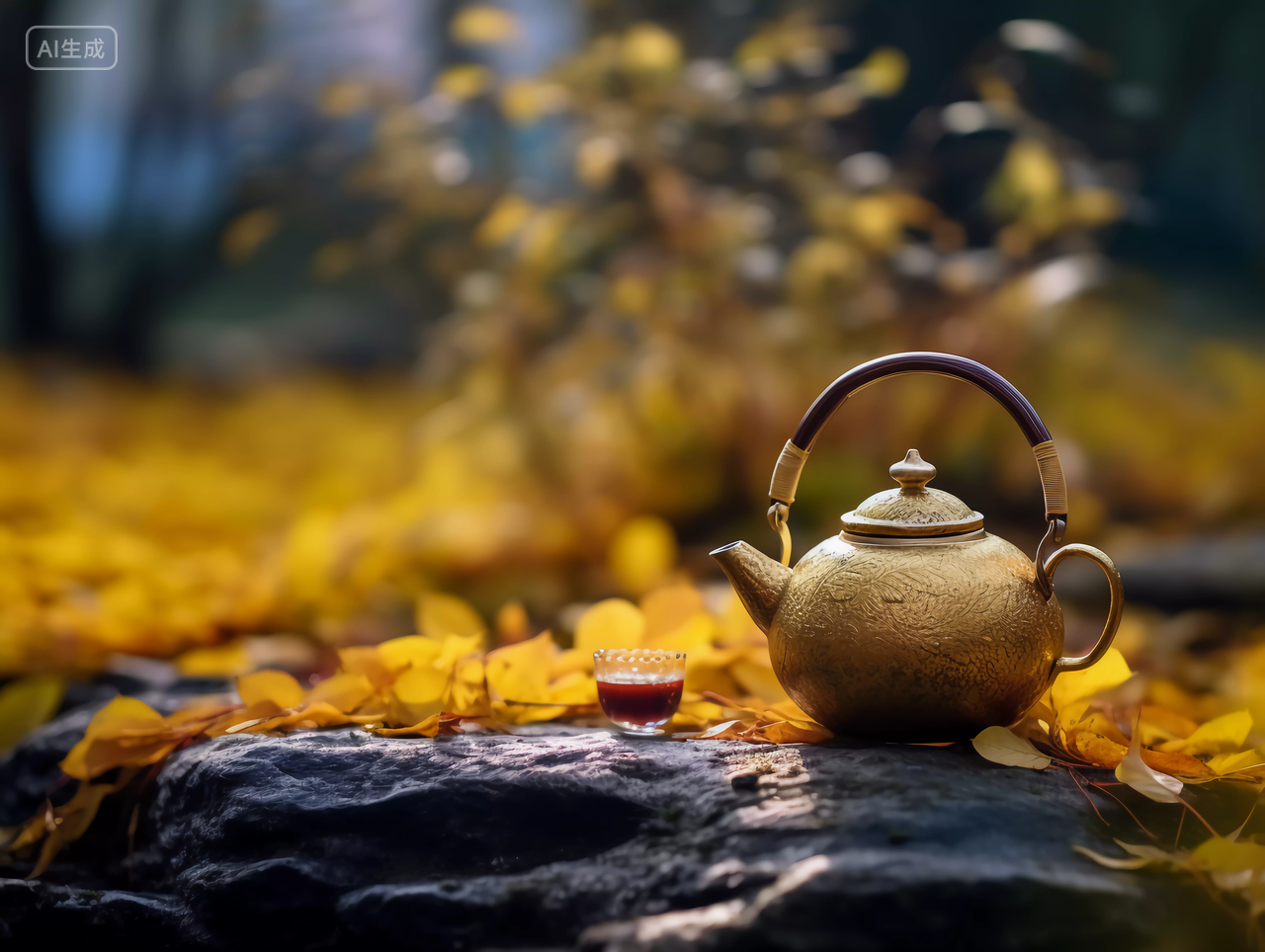 秋天树下落叶旁的闲情雅致茶杯茶壶立秋茶饮品