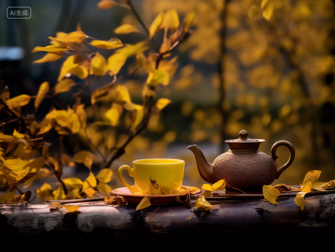 秋天树下落叶旁的闲情雅致茶杯茶壶立秋茶饮品