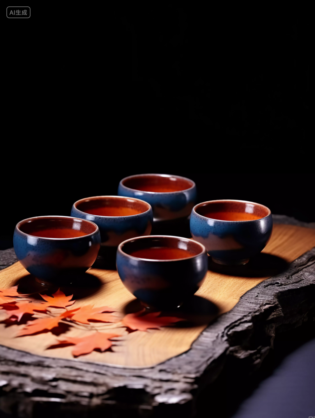 传统中式木茶盘上的茶杯茶壶立秋茶秋天秋叶温暖的休闲时光