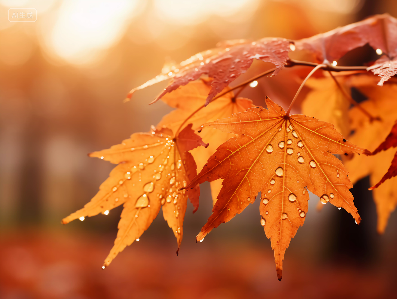 秋天立秋枫树红色枫叶上的水珠雨水露珠风景壁纸图