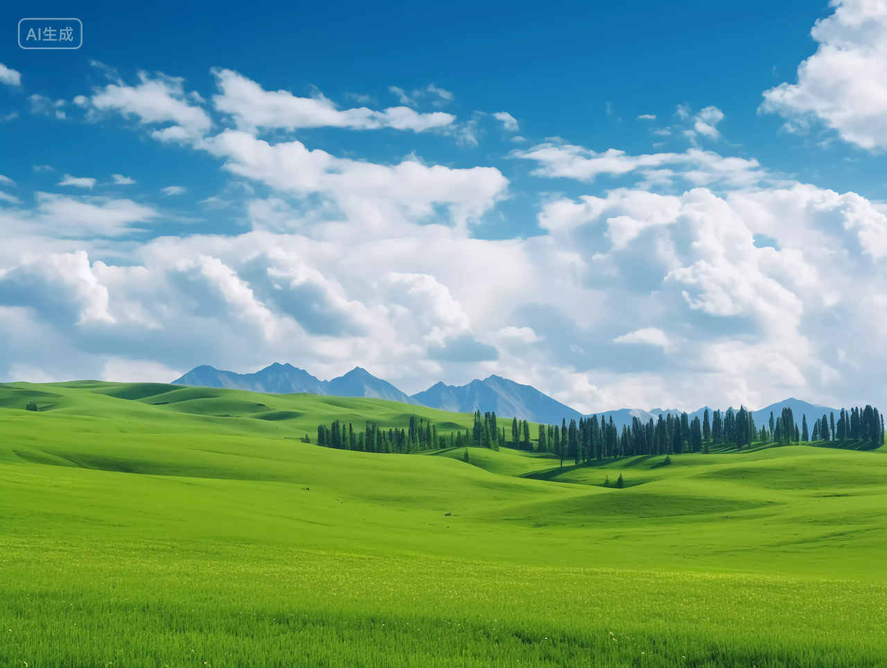 蓝天下的草原风光色绿色草地自然风景旅游宣传壁纸