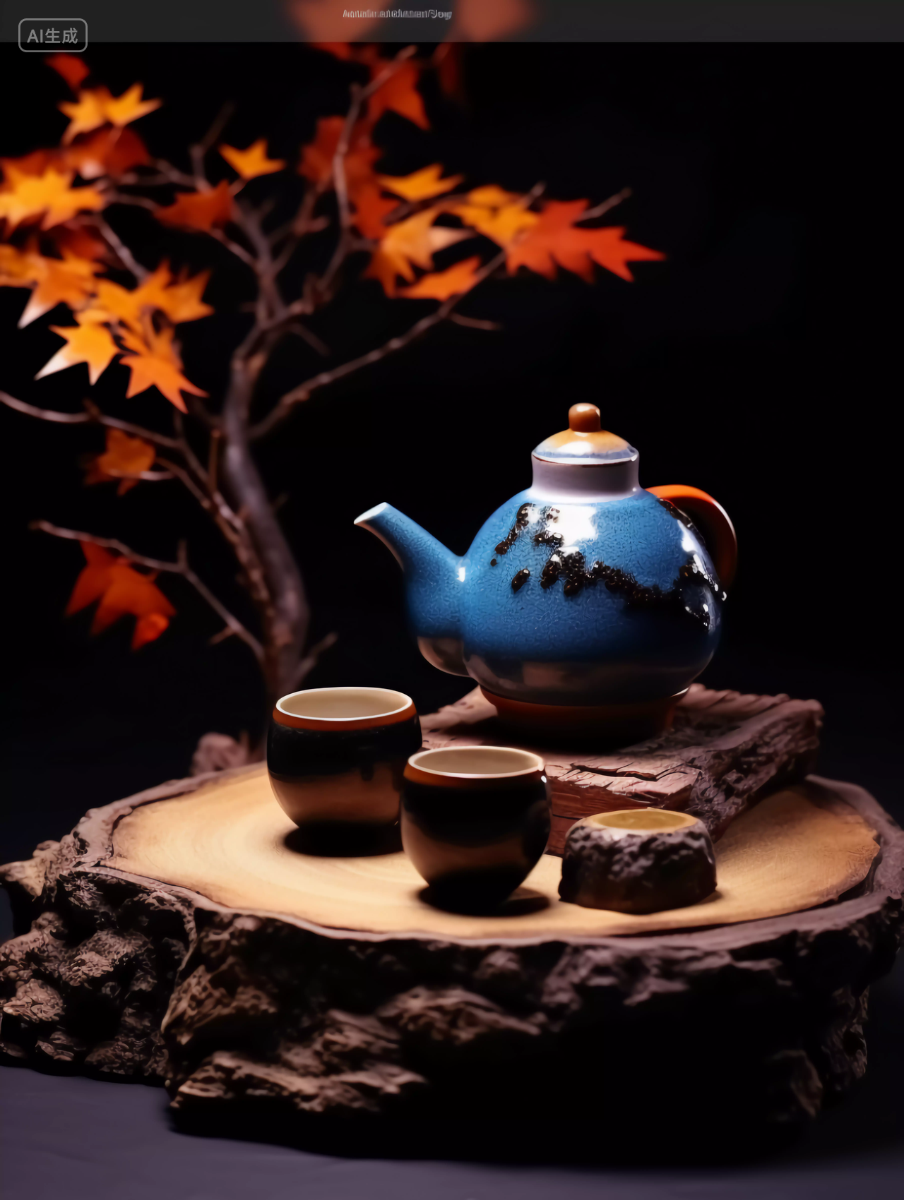 传统中式木茶盘上的茶杯茶壶立秋茶秋天秋叶温暖的休闲时光