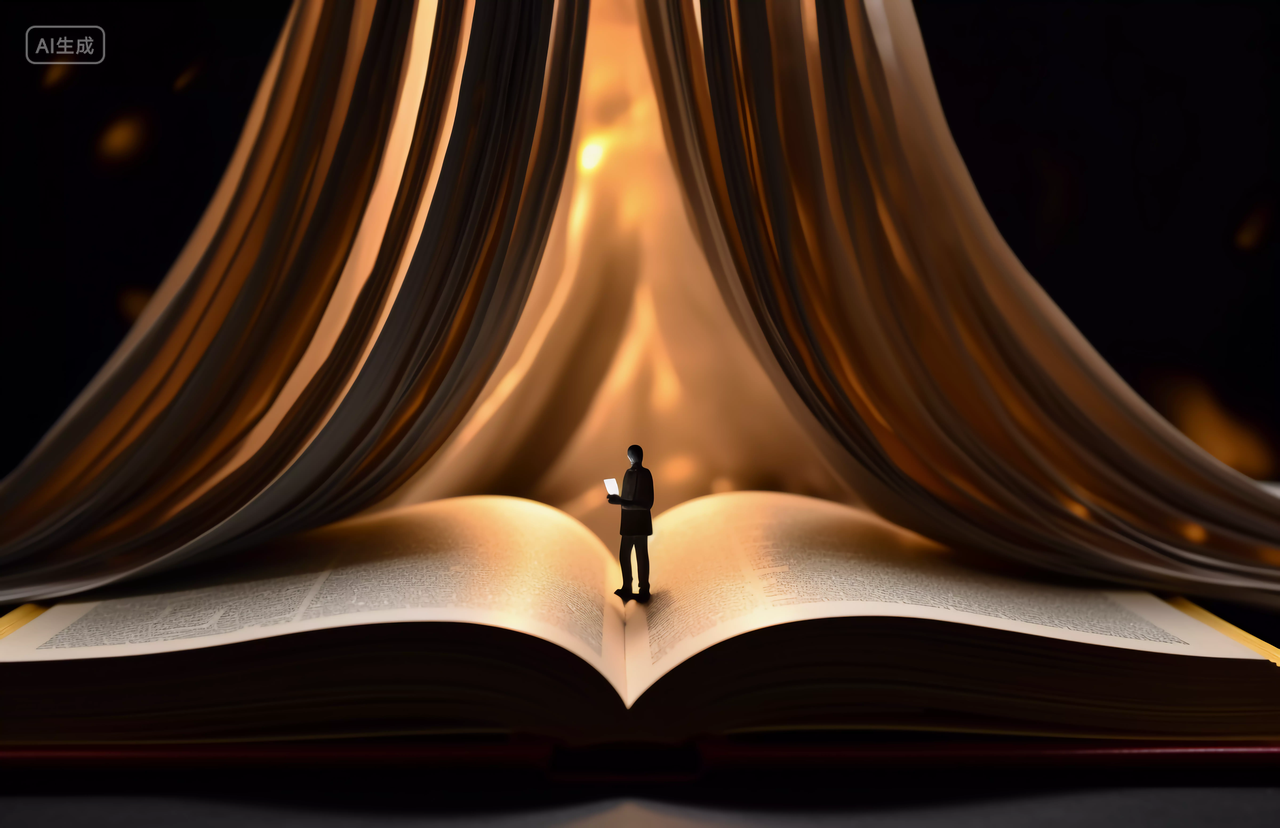 人物走进发光的书本空间阅读知识教育概念图