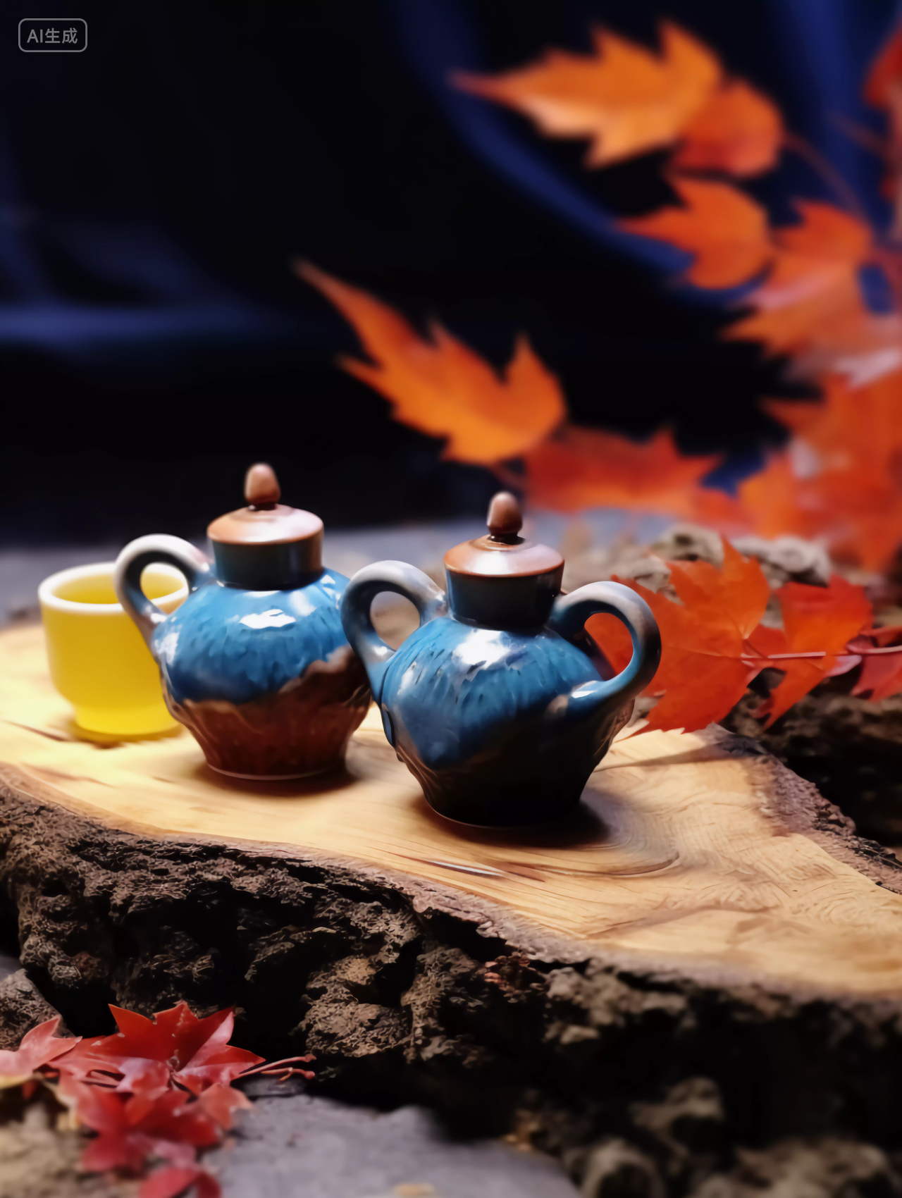 传统中式木茶盘上的茶杯茶壶立秋茶秋天秋叶温暖的休闲时光