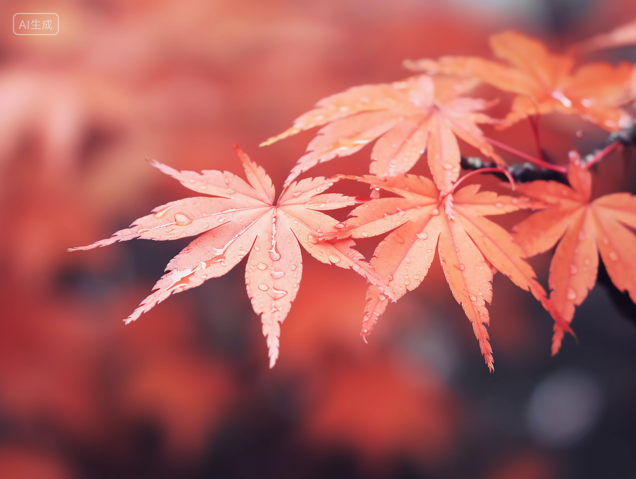 秋天立秋枫树红色枫叶上的水珠雨水露珠风景壁纸图