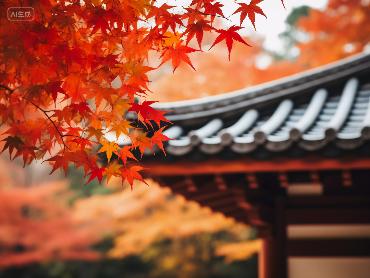 中式屋檐与红色枫树枫叶浪漫秋天立秋风景唯美壁纸