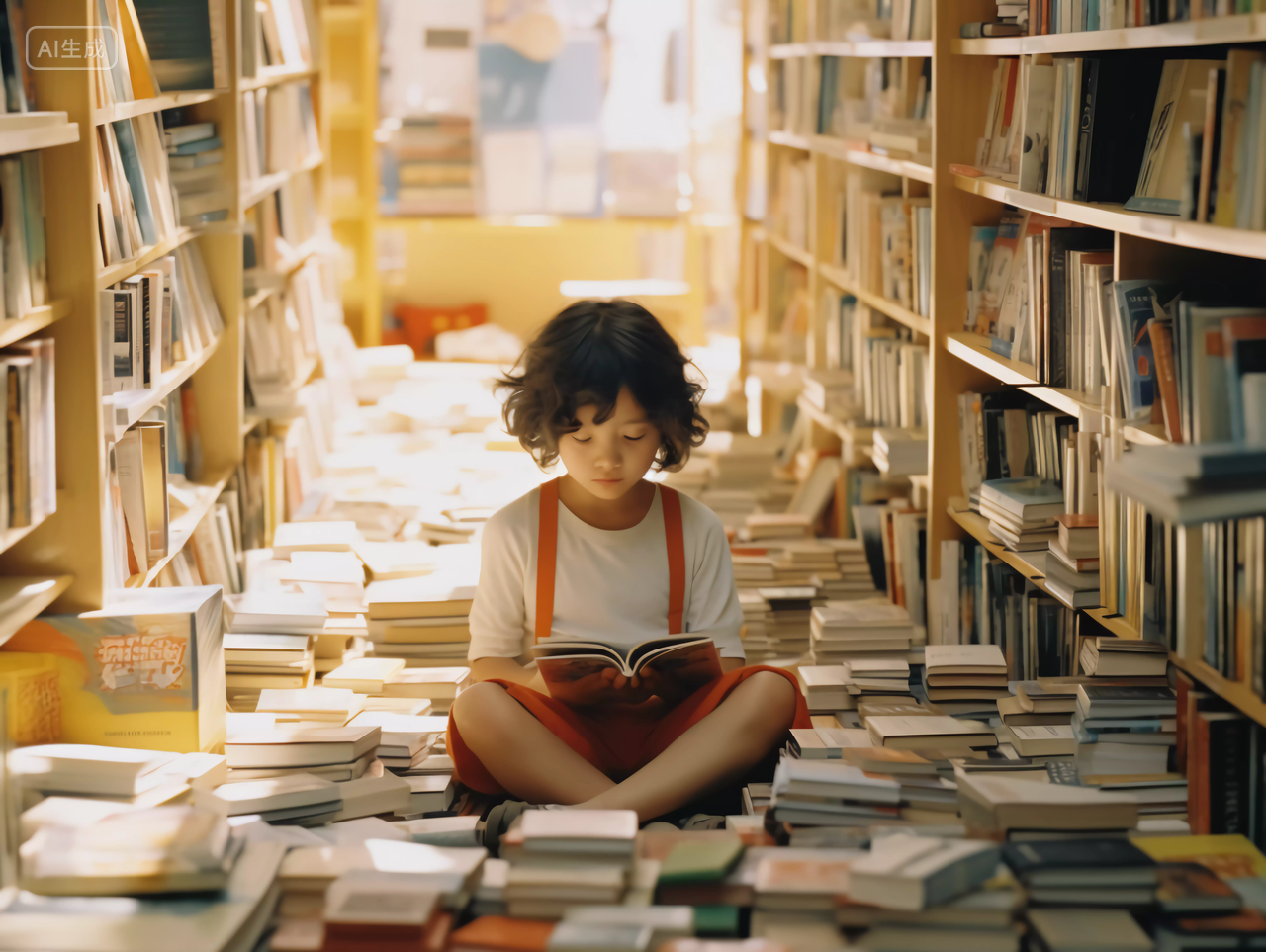 儿童坐在图书馆书店书架旁边的地上看书读书阅读投入学习书本知识教育文化世界读书日