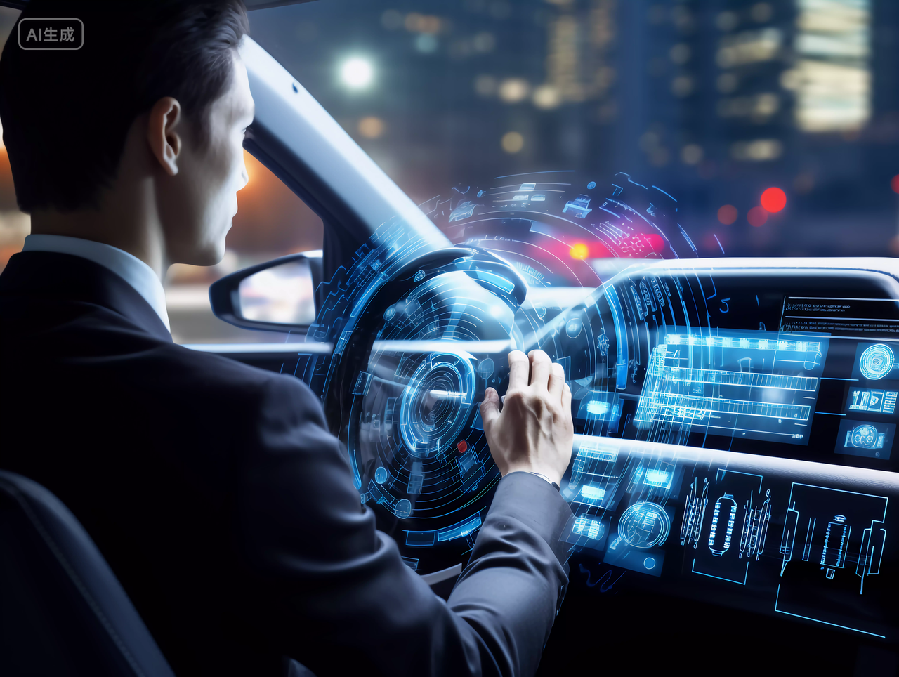 商务人士手指触碰科技汽车仪表板