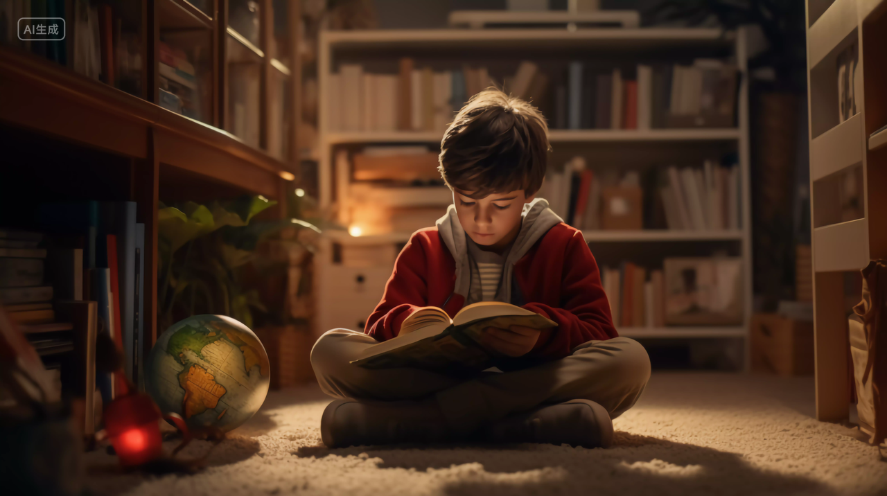 儿童点灯坐在书架旁边看书读书阅读投入学习书本知识教育文化世界读书日