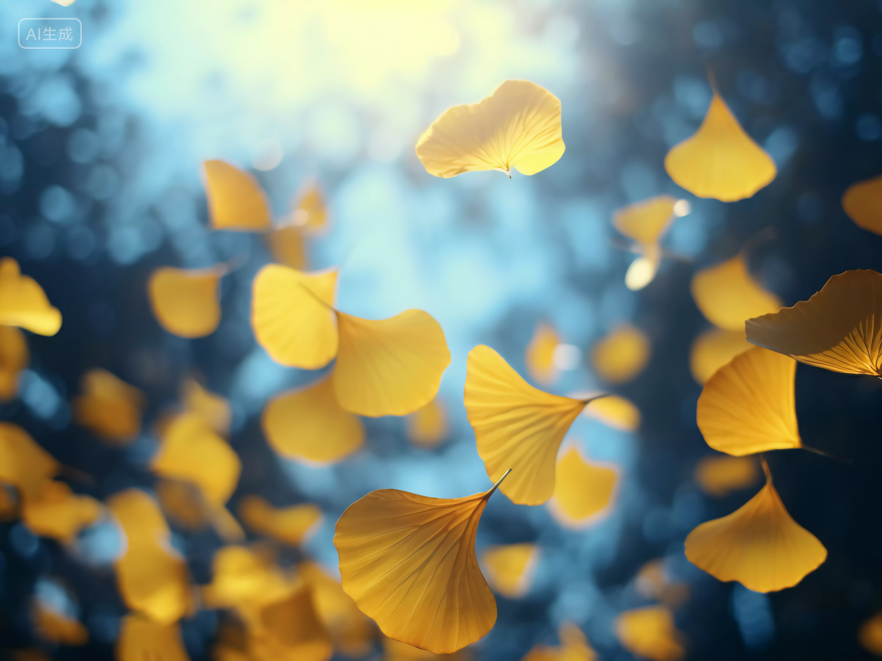 立秋飘落在空中的金黄色银杏叶子特写秋天风景壁纸