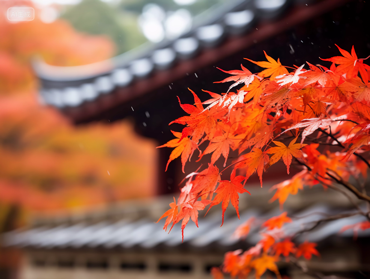 中式屋檐与红色枫树枫叶浪漫秋天立秋风景唯美壁纸