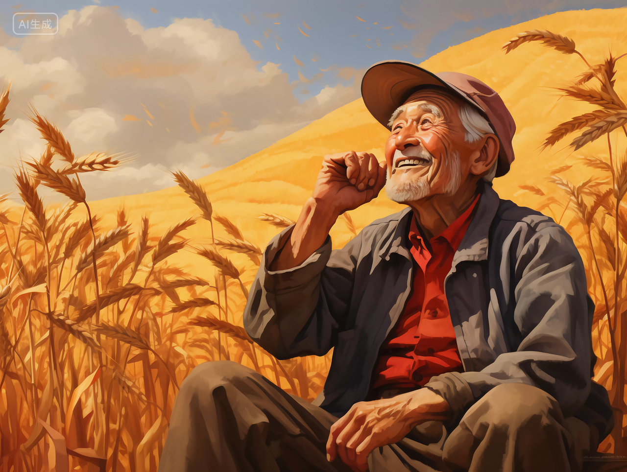 立秋农忙场景农民坐在麦田里为粮食丰收喜悦露出笑容