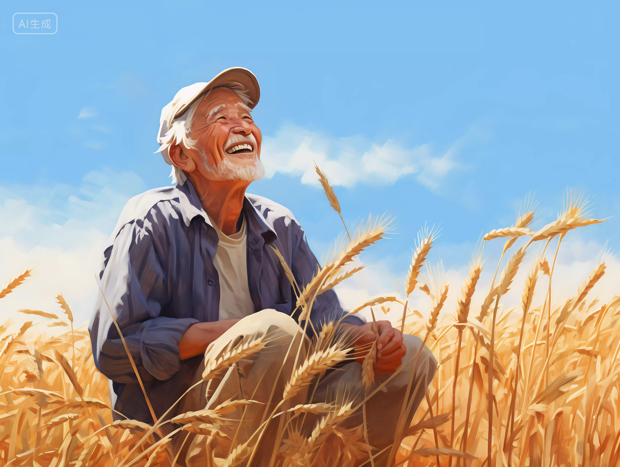 立秋农忙场景农民坐在麦田里为粮食丰收喜悦露出笑容