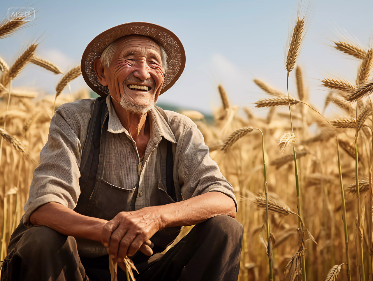 立秋农忙场景农民坐在麦田里为粮食丰收喜悦露出笑容