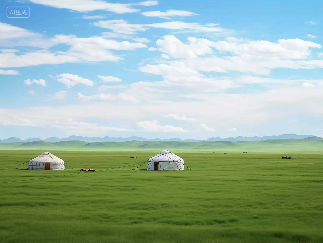 绿色草原上的蒙古包草原风光绿色草地自然风景旅游宣传