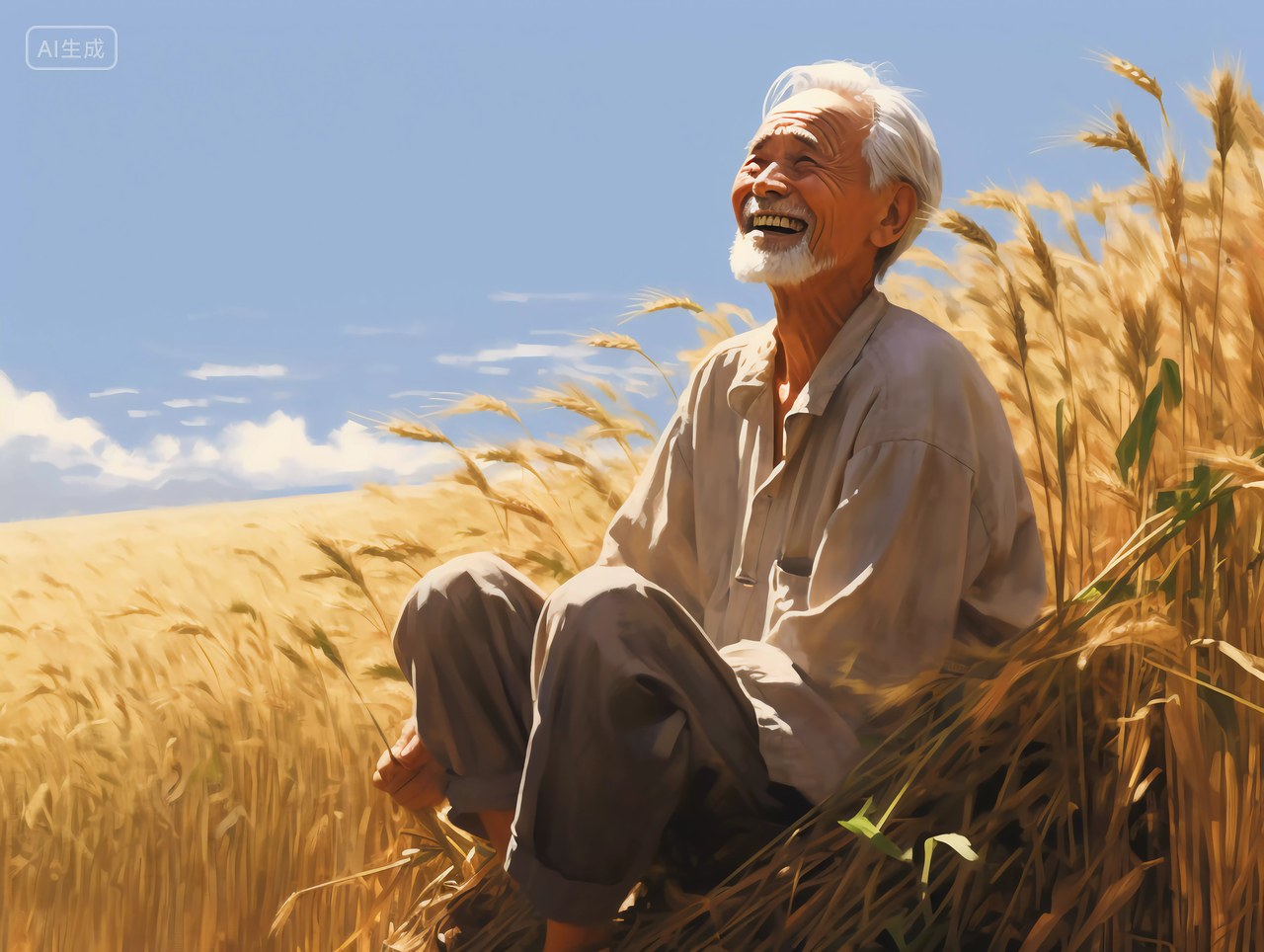 立秋农忙场景农民坐在麦田里为粮食丰收喜悦露出笑容