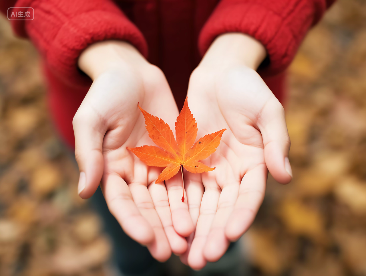 手捧叶子落叶展示给镜头看立秋秋天风景壁纸