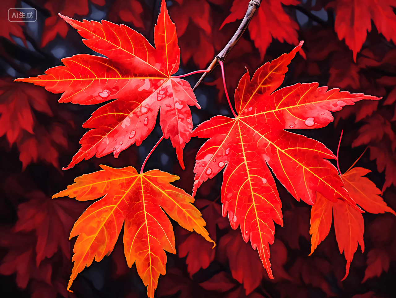秋天立秋枫树红色枫叶上的水珠雨水露珠风景壁纸图