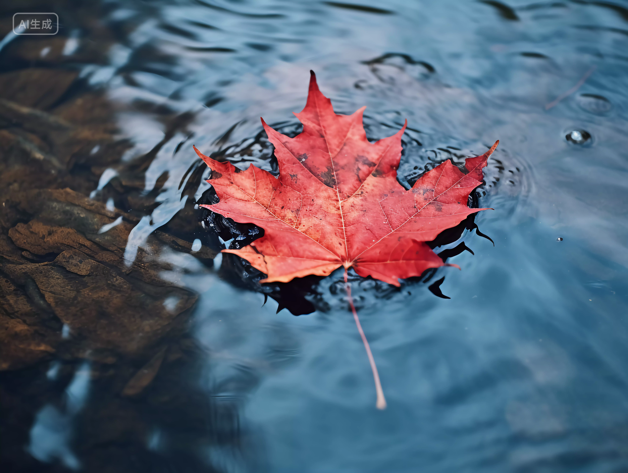 立秋清澈碧蓝色的池塘水里飘着一片落叶红色枫叶秋天壁纸图