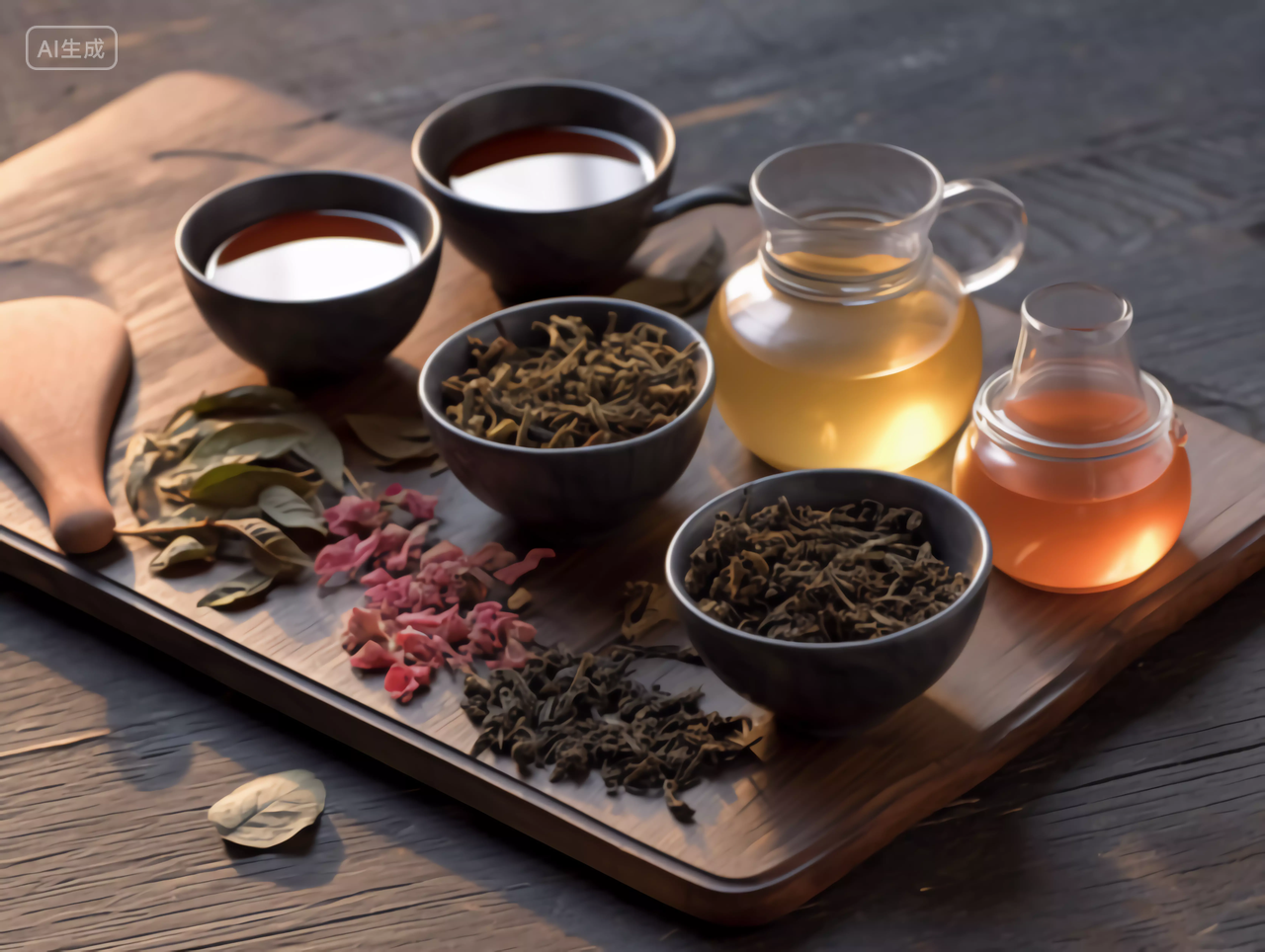 木桌上的茶盘消暑茶水茶叶茶杯茶壶场景图处暑大暑