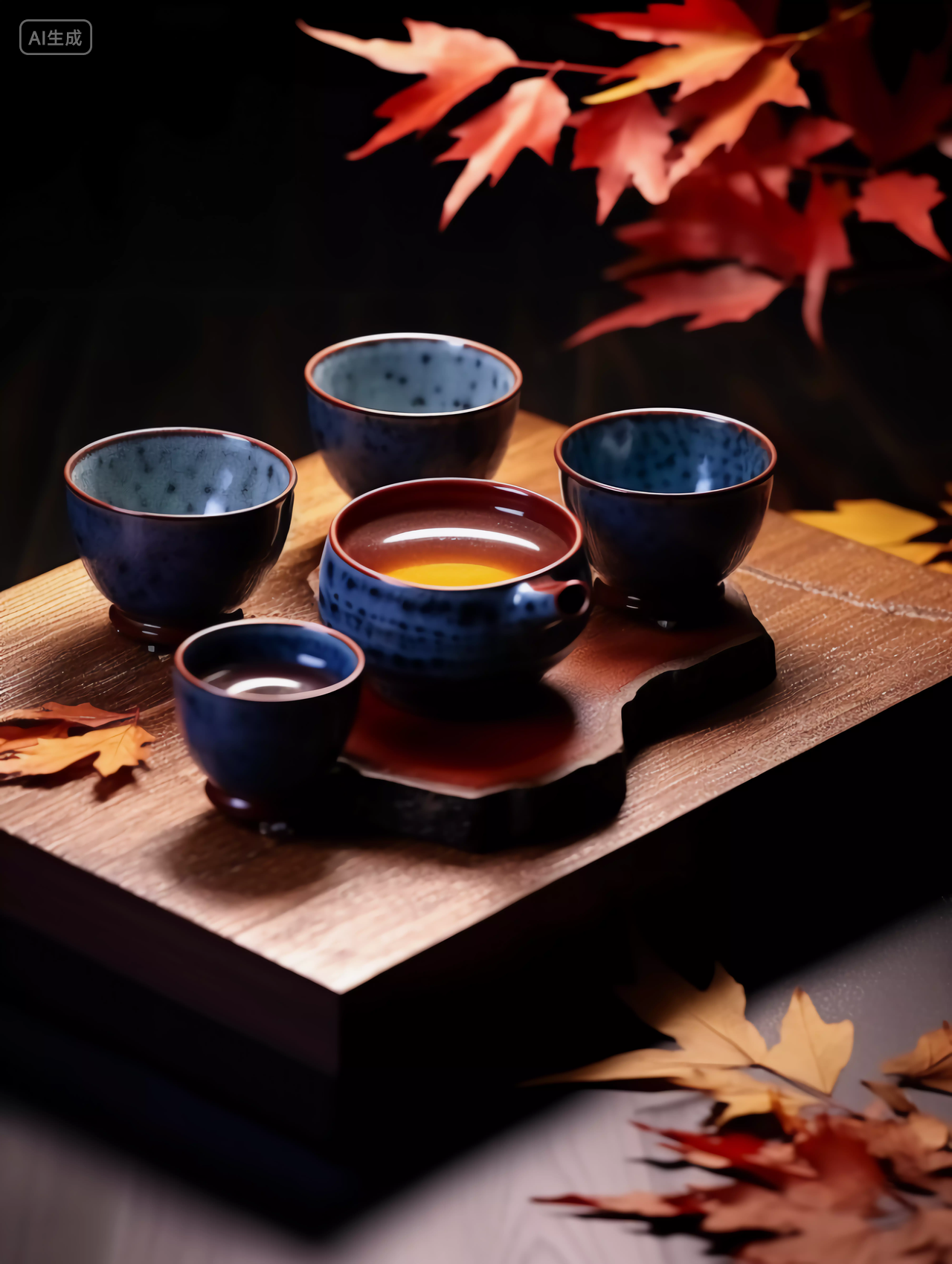 传统中式木茶盘上的茶杯茶壶立秋茶秋天秋叶温暖的休闲时光