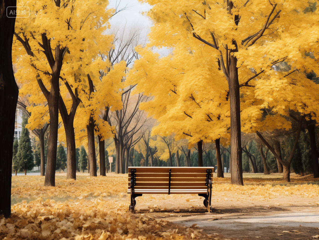 立秋秋天的金黄色树林休闲公园中的长椅子与秋叶温暖风景壁纸