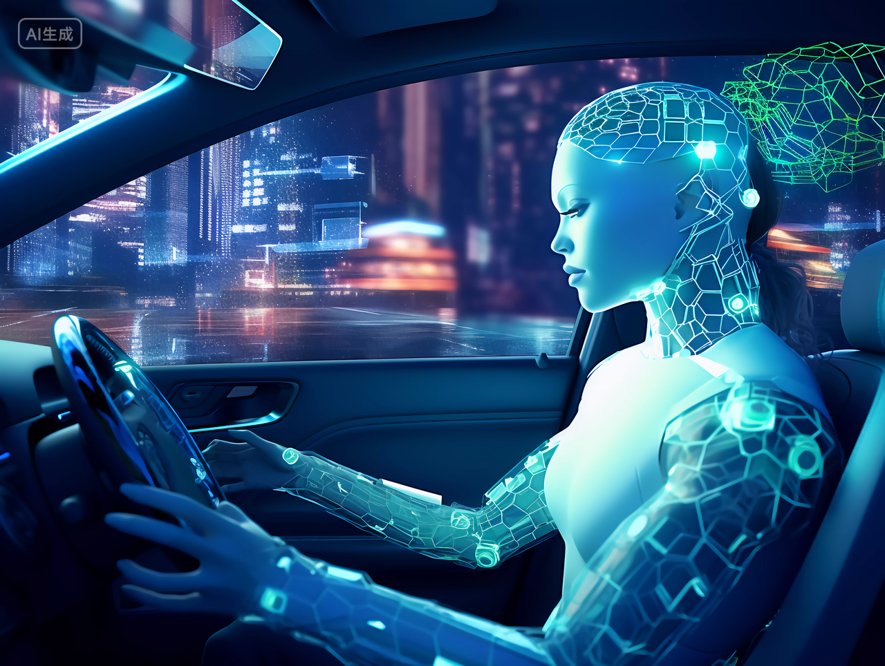 机器人驾驶未来科技汽车子在未来城市间穿梭场景