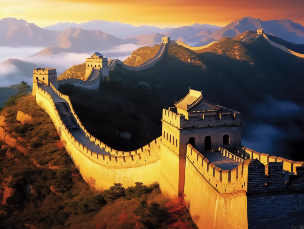 夕阳下的雄伟长城连绵起伏的山脉中国著名景点旅行山河辽阔图