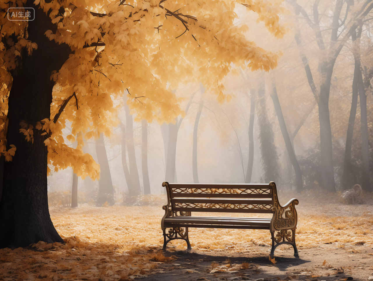 立秋秋天的金黄色树林休闲公园中的长椅子与秋叶温暖风景壁纸