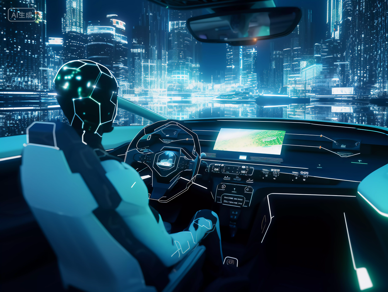 机器人驾驶未来科技汽车子在未来城市间穿梭场景