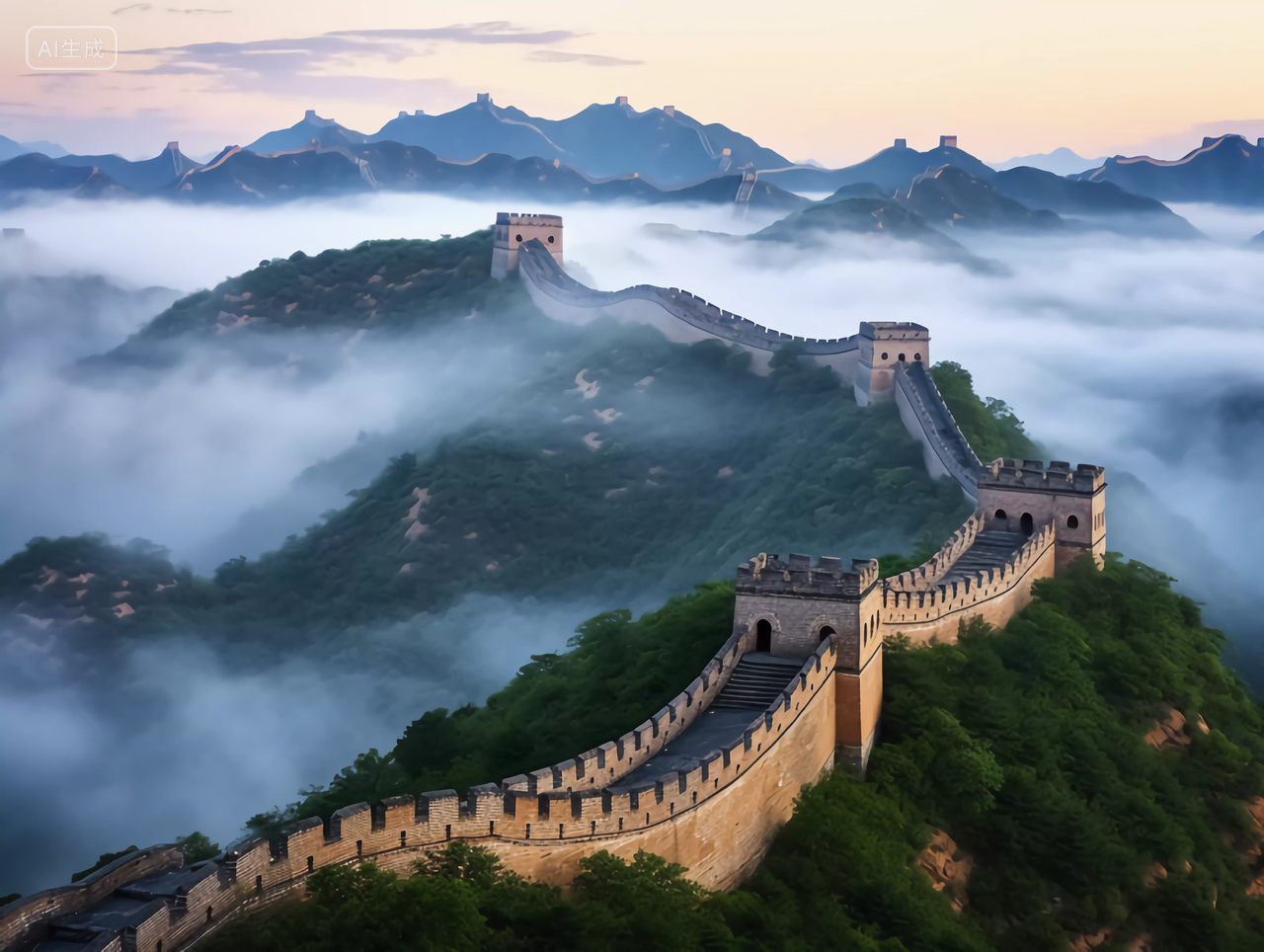 清晨云雾缭绕的雄伟长城连绵起伏的山脉中国著名景点旅行山河辽阔图