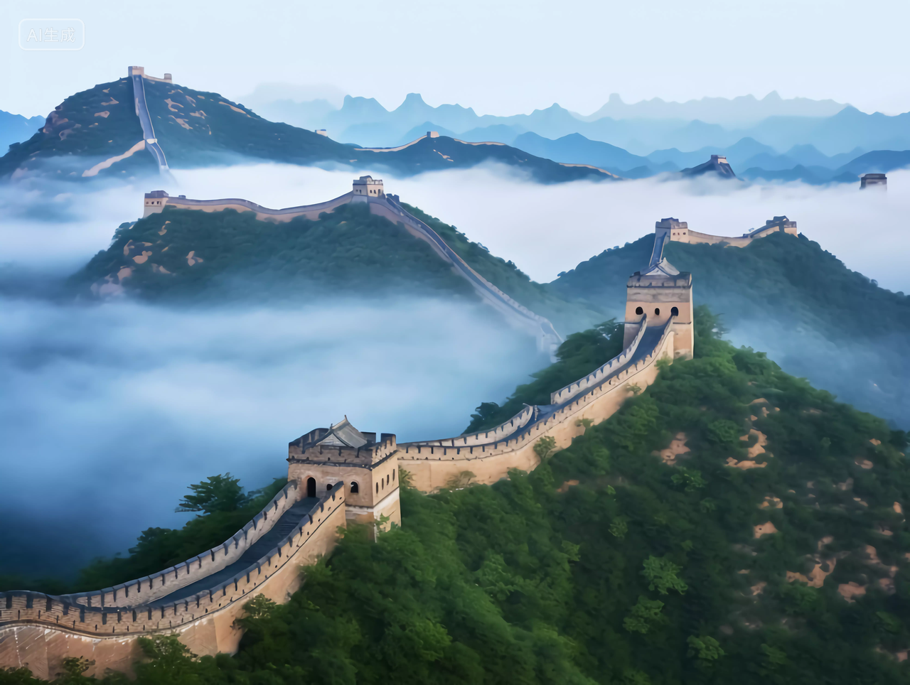 清晨云雾缭绕的雄伟长城连绵起伏的山脉中国著名景点旅行山河辽阔图