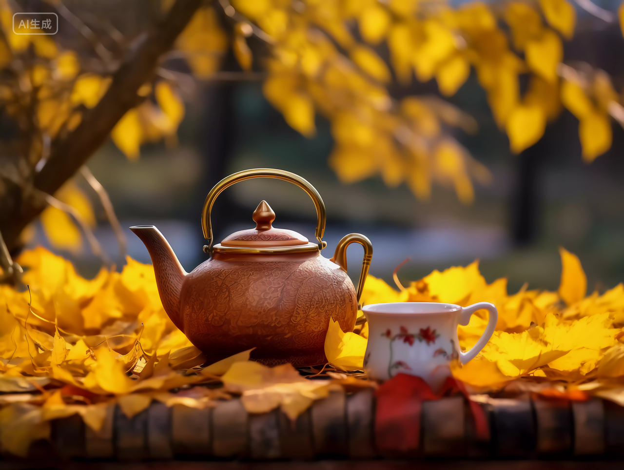 秋天树下落叶旁的闲情雅致茶杯茶壶立秋茶饮品