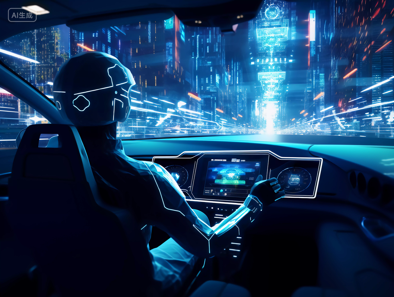 机器人驾驶未来科技汽车子在未来城市间穿梭场景