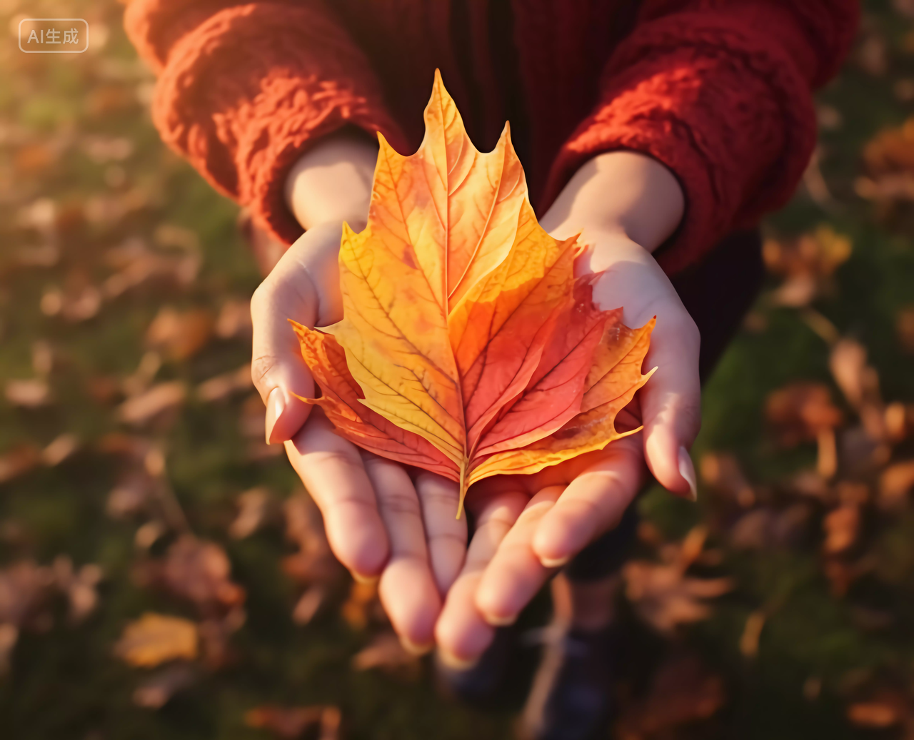 手捧叶子落叶展示给镜头看立秋秋天风景壁纸