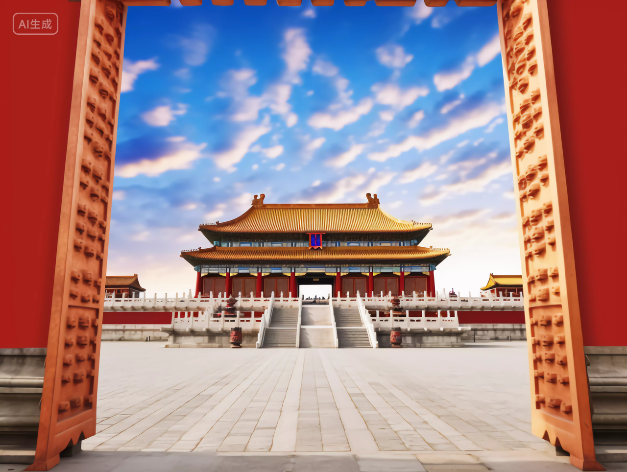 蓝天白云下的中国故宫红色中国传统建筑的雄伟正面图