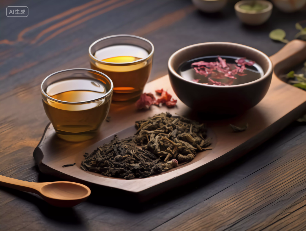 木桌上的茶盘消暑茶水茶叶茶杯茶壶场景图处暑大暑