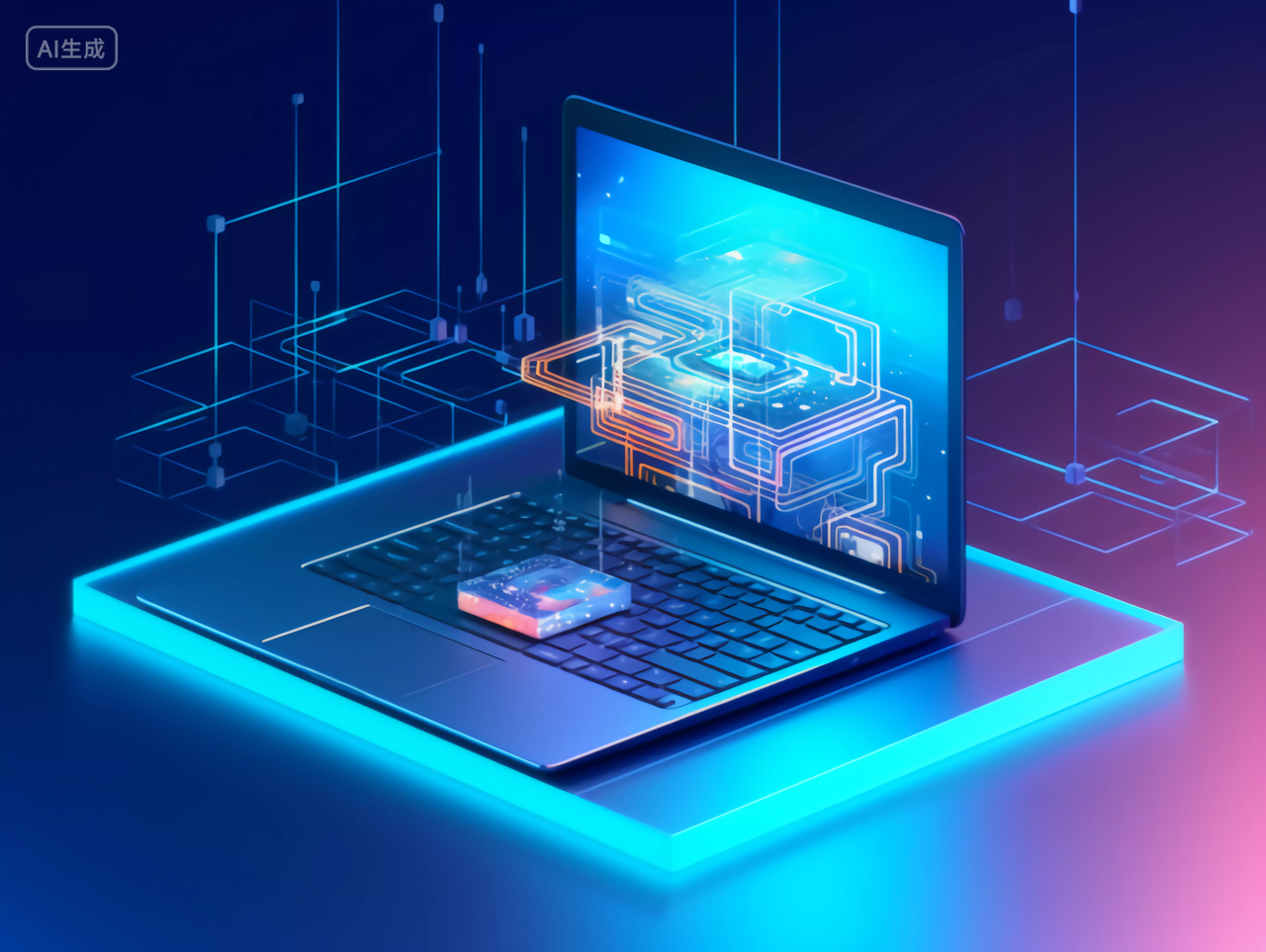 现代化网络科技移动互联网概念笔记本电脑科技线条效果三维渲染图