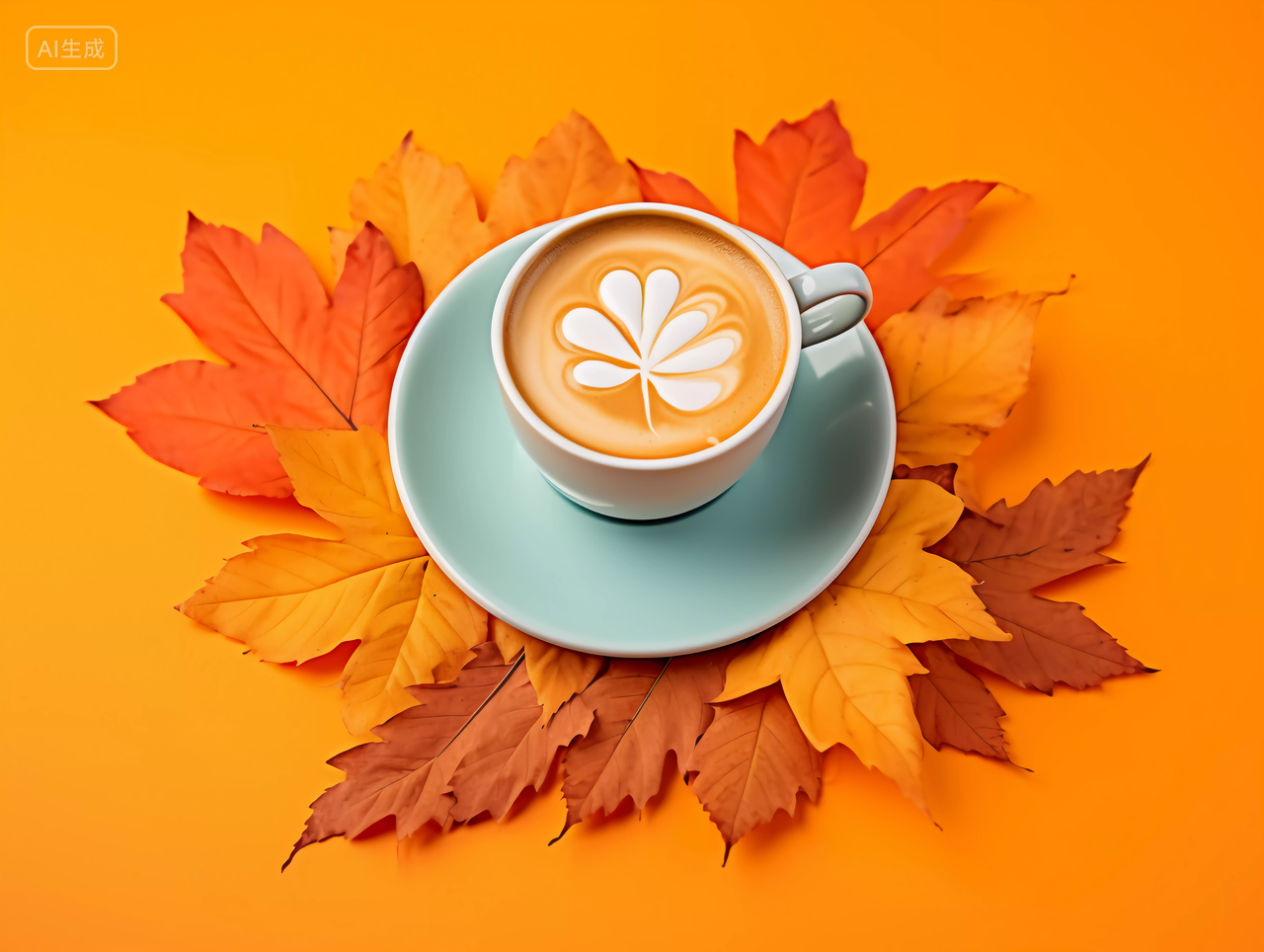 橙色背景上一杯温暖浪漫的立秋咖啡拉花周围是秋天的落叶枫叶