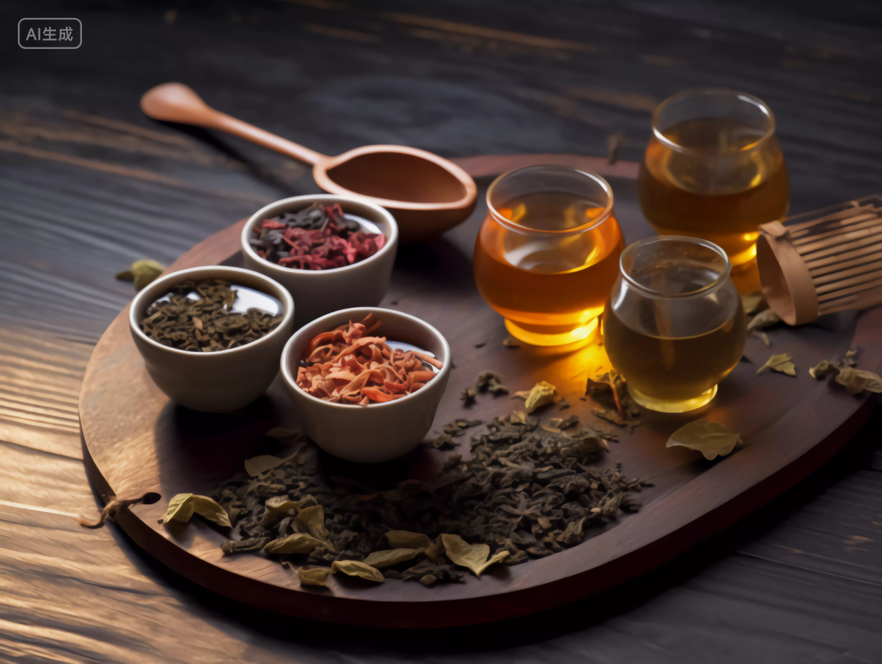 木桌上的茶盘消暑茶水茶叶茶杯茶壶场景图处暑大暑