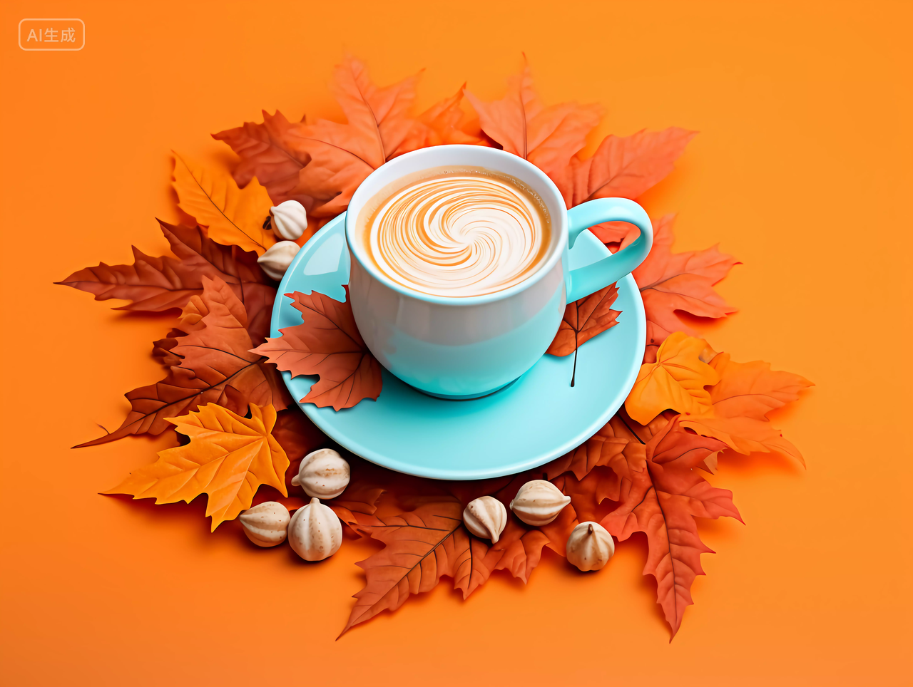橙色背景上一杯温暖浪漫的立秋咖啡拉花周围是秋天的落叶枫叶