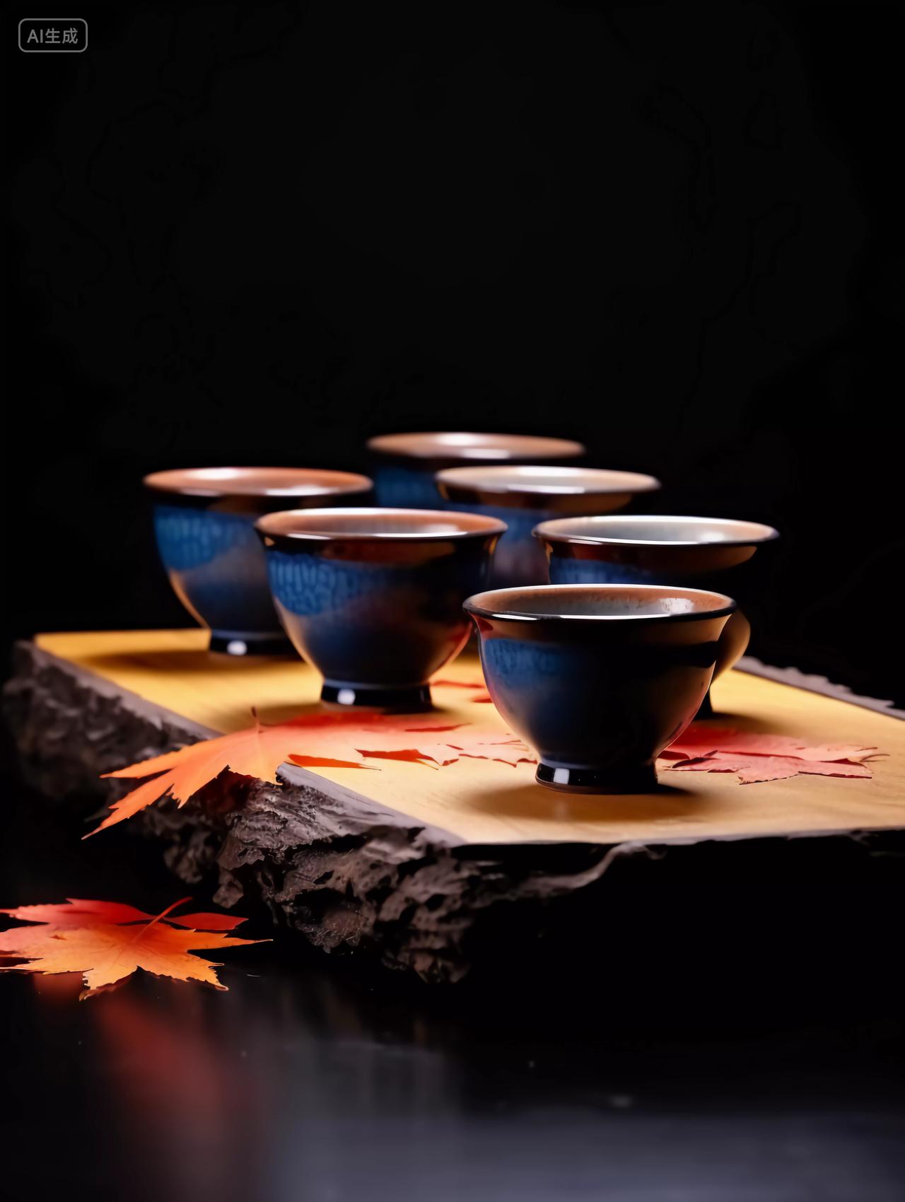 传统中式木茶盘上的茶杯茶壶立秋茶秋天秋叶温暖的休闲时光