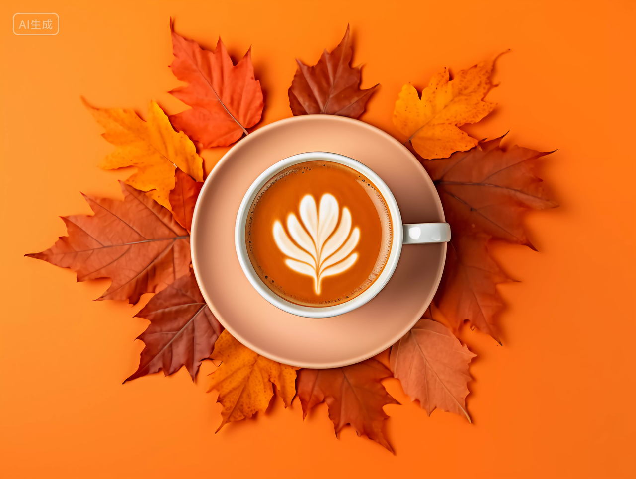橙色背景上一杯温暖浪漫的立秋咖啡拉花周围是秋天的落叶枫叶