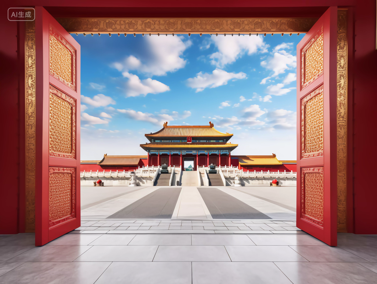 蓝天白云下的中国故宫红色中国传统建筑的雄伟正面图