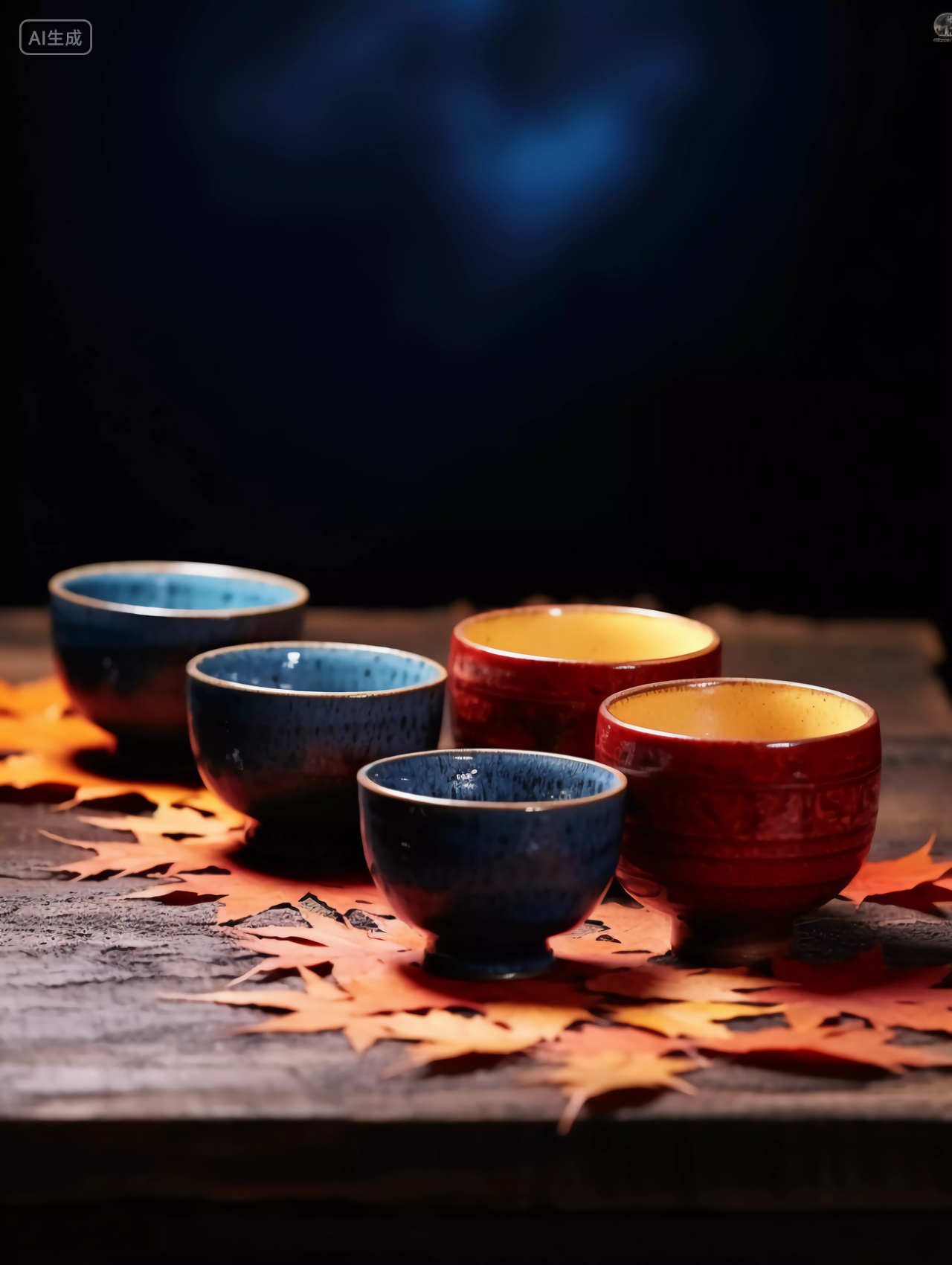 传统中式木茶盘上的茶杯茶壶立秋茶秋天秋叶温暖的休闲时光