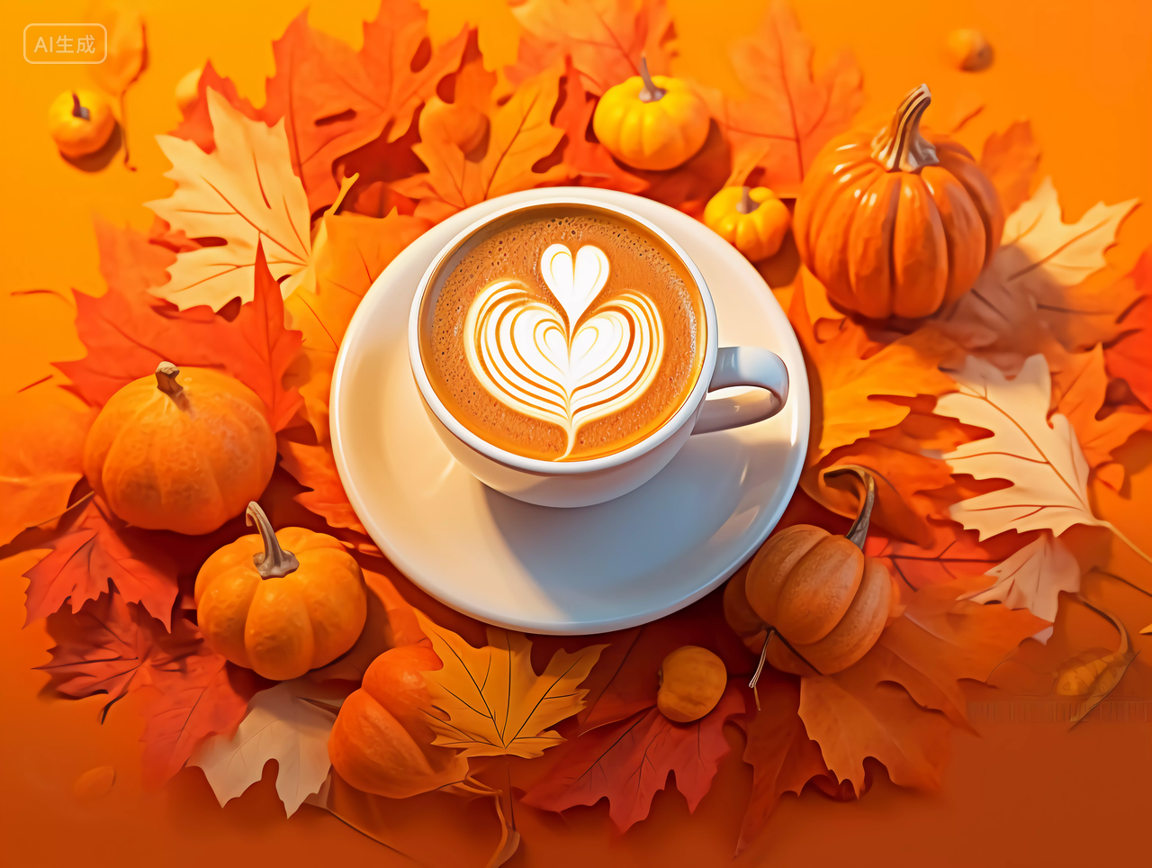 橙色背景上一杯温暖浪漫的立秋咖啡拉花周围是秋天的落叶枫叶