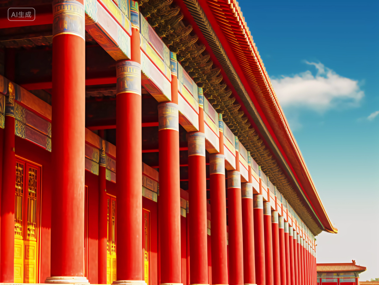 中国故宫传统红色古代建筑红色柱子特写图