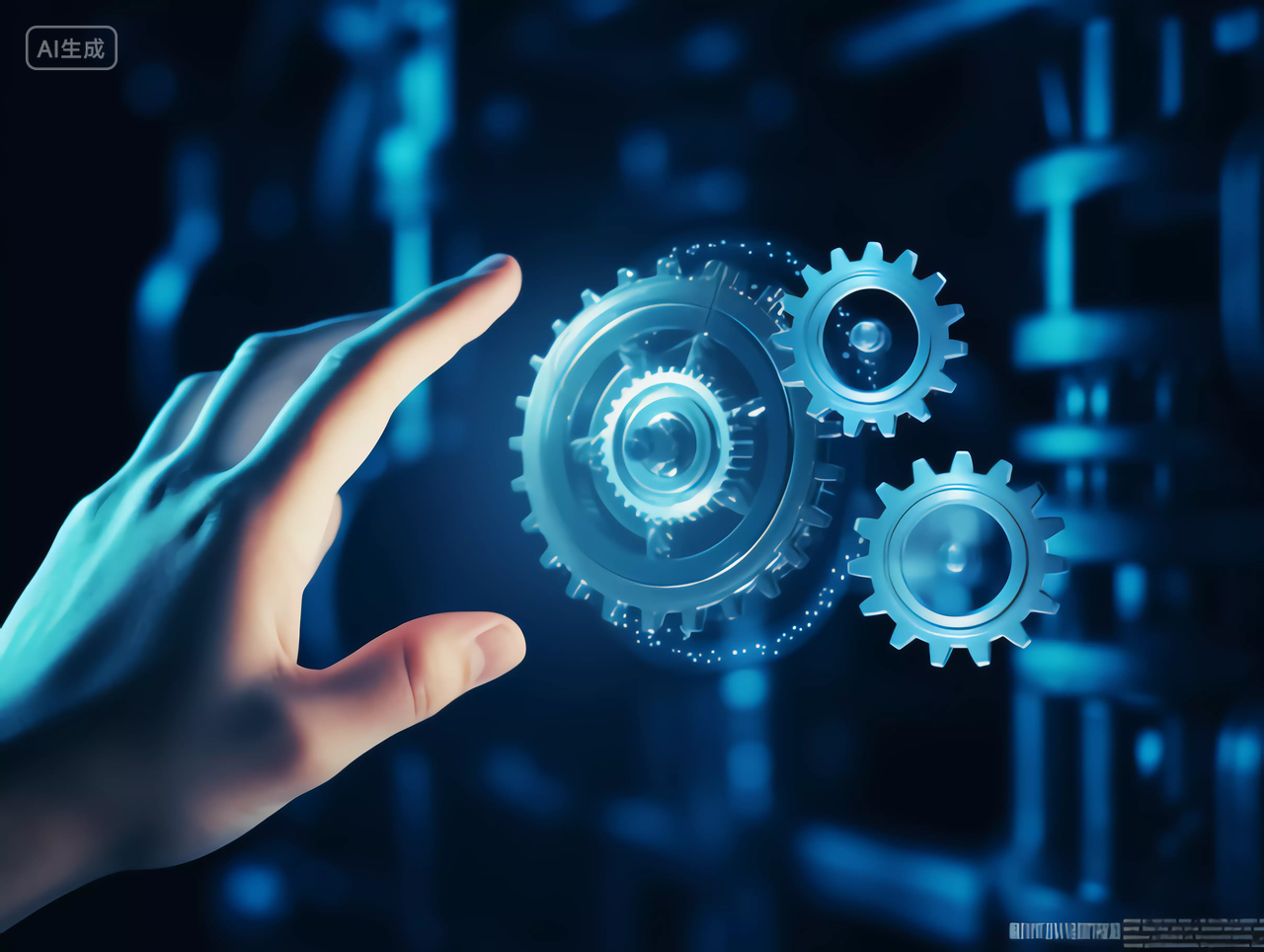 商务男士点击智能显示屏上的虚拟科技齿轮形状数据模型图