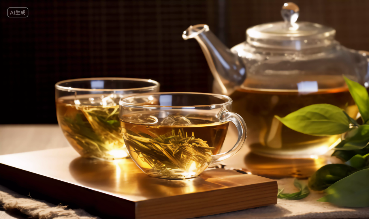 木桌上的茶盘消暑茶水茶叶茶杯茶壶场景图处暑大暑